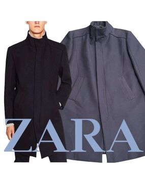 Zara Navy Cotton/Wool Blend Jacket Coat (XL)
